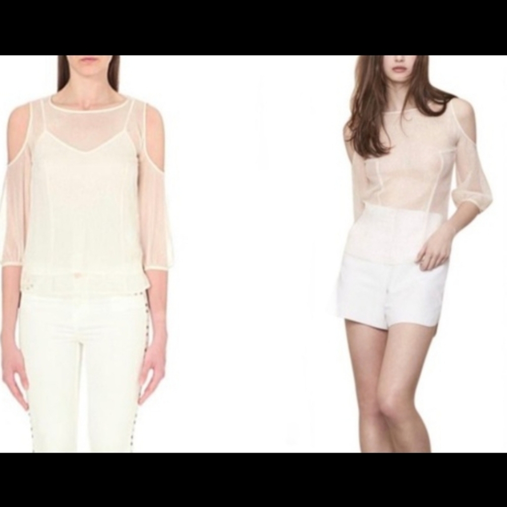 Maje Lella Sheer Ivory and Metallic Cold Shoulder Top